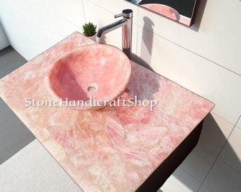 Rose Quartz Vanity Top with Sink | Luxury Bathroom Countertop | Vessel Sink Slab