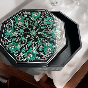 10&quot;X10&quot;x3&quot; Beautiful Black Marble Jewelry Storage Box Semi Precious Malachite Gemstone Inlay Floral Art Customized Handmade Gifts for Her