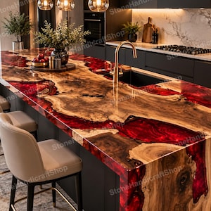 May include: A kitchen island countertop featuring a live edge wood slab integrated with a vibrant red resin river design. The surface is polished and glossy, paired with a gold faucet and sink, set above dark cabinetry with light gray bar stools.