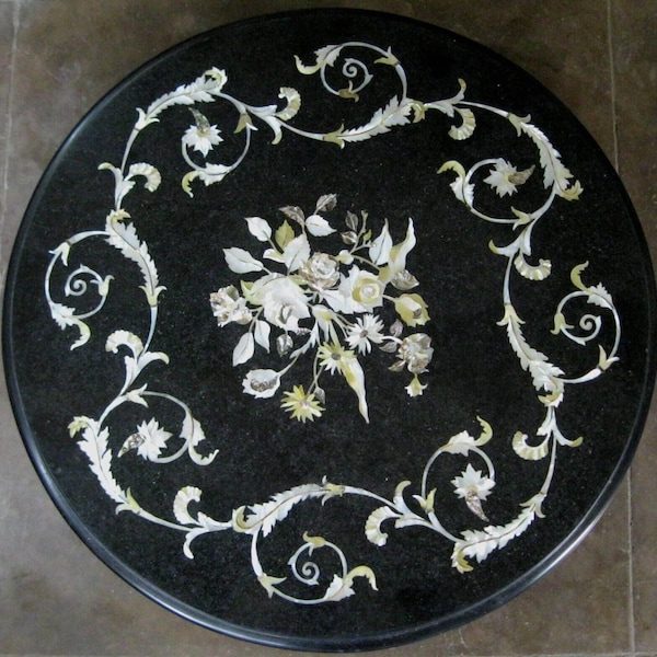 18"X18" Round Black Marble Table Top Center Table Pietra Dura Inlay Mosaic Art Semi Precious Stone Outdoor Furniture Garden Decors