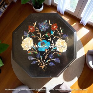 Black Marble Inlay Table Top Antique Design Coffee Table Semi Precious Gemstone Inlay Floral Pietra Dura Art Garden Decorative