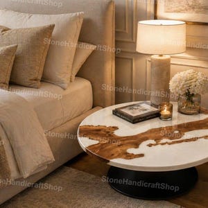 Mesa de centro redonda de resina epoxi blanca – Mesa de madera y resina hecha a mano – Muebles modernos para la sala de estar