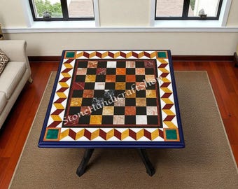 Handmade Marble Chess Table Top: Semi Precious Stone Inlay Art
