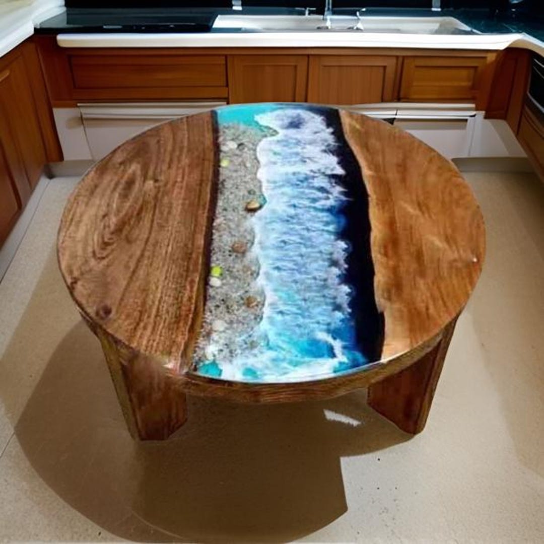 Ocean Wave Epoxy Round Coffee Table Acacia Wood Sofa Center Handmade ...