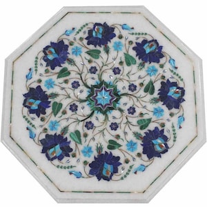 Lapis Lazuli Inlay Marble Table Top: Octagon Handmade Art