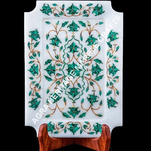 Beautiful Carved Marble Serving Tray Malachite Inlay Floral Arts Kitchen Gift Decorative