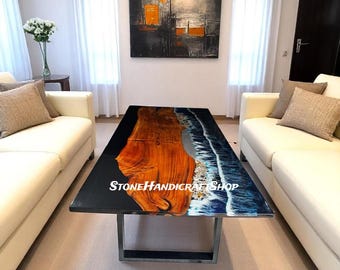 Mesa de comedor Ocean Epoxy River: Muebles artesanales con bordes naturales.