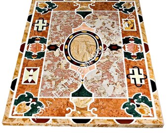 White Marble Dining Table Top Semiprecious Pietra Dura Inlaid Handcrafted Furniture Mughal Art Table Top Hallway Decors
