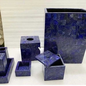 Blue Lapis Lazuli Gemstone Bath Set Handmade Crystal 7 Pieces Set Bathroom Accessories for Your New Home Bathroom Interior Decor