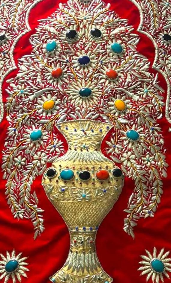 Red Velvet Zardozi Wall Hanging: Handmade Jewel Tapestry (48