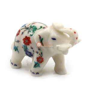 Marble White Elephant Decorative Statue Semi Precious Stone Inlaid