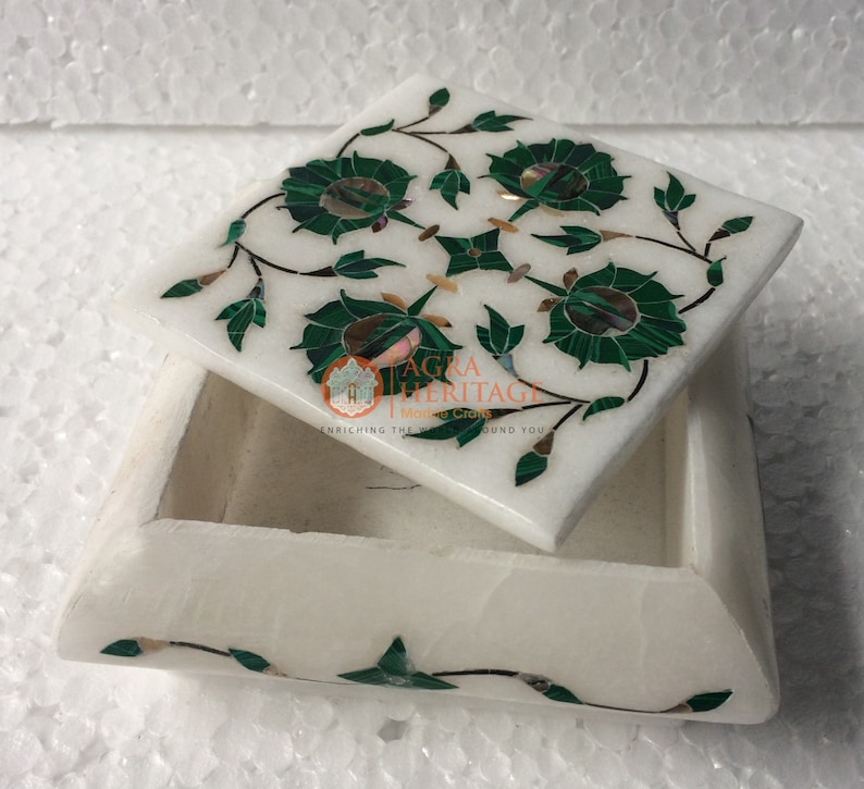 4x4x2 White Marble Jewelry Box Malachite Inlay Floral Design Handmade Veterans Gift Decor