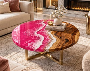 Mesa de centro personalizada de resina epoxi rosa, mesa redonda de resina de madera natural con olas marinas blancas, mueble de lujo hecho a mano.