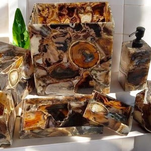 Marble Bathroom Set, Brown Agate Bath Set, Set of 7 Pcs, Unique Bathroom Accessories Handmade Bathroom Vanity Home Decor Unique Gifts
