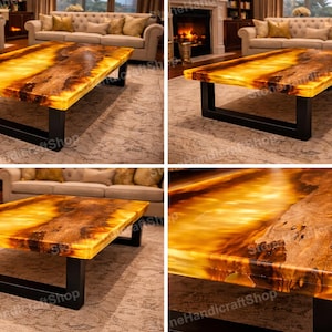 May include: A rectangular coffee table with a glowing amber and brown surface, supported by a black metal base. The table's top has a natural, organic pattern, and it is placed in a living room setting.