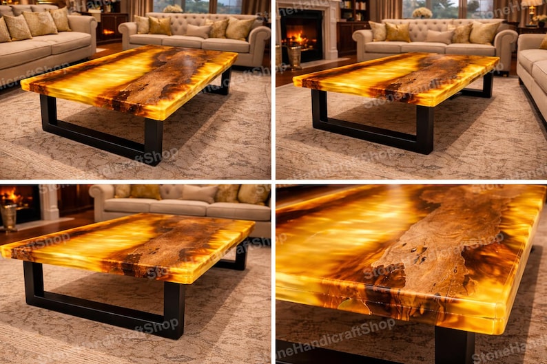 May include: A rectangular coffee table with a glowing amber and brown surface, supported by a black metal base. The table's top has a natural, organic pattern, and it is placed in a living room setting.