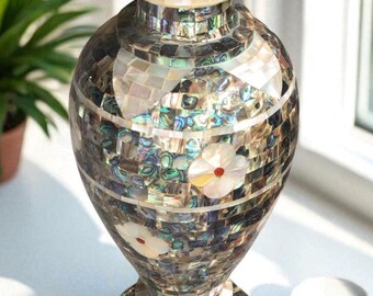 アワビ貝の象嵌が施された手作りの大理石の花瓶 - 18インチの高級装飾