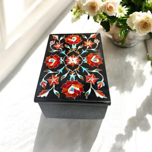 Artisan Jewelry Box – Black Marble with Carnelian, Decorative Keepsake Box, Indian Craft