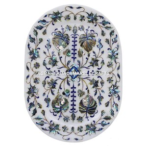Decorative Marble Serving Tray Lapis Lazuli Pauashell Inlay Gemstone Stunning Floral Design Occasional Gift
