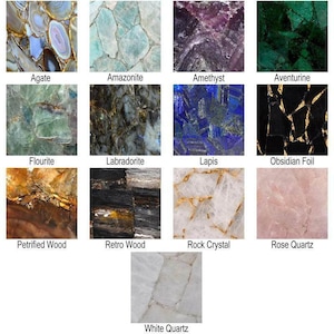 May include: A collection of various gemstone slabs, including Agate, Amazonite, Amethyst, Aventurine, Flourite, Labradorite, Lapis, Obsidian Foil, Petrified Wood, Retro Wood, Rock Crystal, Rose Quartz, and White Quartz. Each stone displays unique colors and patterns.