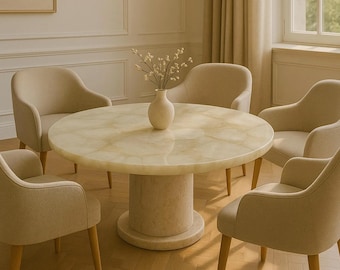Handmade White Quartz Coffee Table, Round Stone Center Table