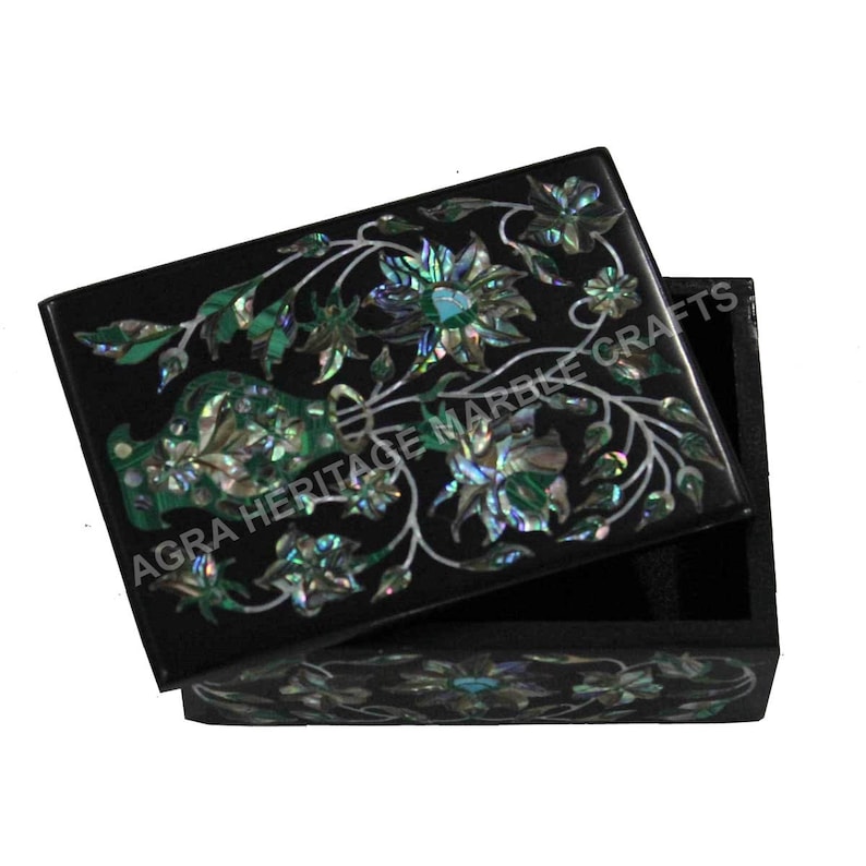 Black Marble Jewelry Storage Box Precious Inlay Floral Etsy
