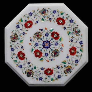 Octagon White Marble Inlay Table Top Abalone Shell and Carnelian Semi Precious Gemstone Center Coffee Table Luxury Handmade Art Garden Decor