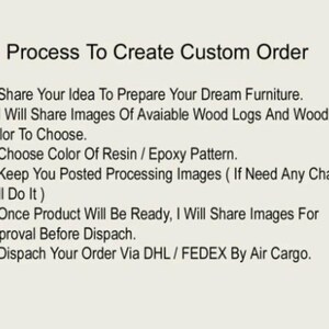 May include: Text on a cream-colored background reads "Process To Create Custom Order" followed by six steps detailing the custom furniture creation process, including sharing ideas, choosing colors, and approval before dispatch.