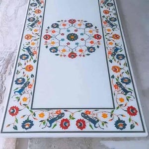 Rectangle White Marble Dining Table Inlaid Semi Precious Stone Floral Design Centerpiece Pitera Dura Modern Arts Furniture & Bedroom Decors
