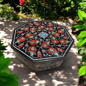 10&quot;X10&quot;x3&quot; Octagon Black Marble Jewelry Storage & Trinket Box Semi Precious Carnelian Gemstone Handmade Art Elegance Wedding Gift for Her