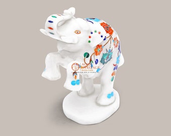 Inlaid Marble Elephant Figurine, Carnelian Gemstone Art, Handmade Decor, 7 Inch