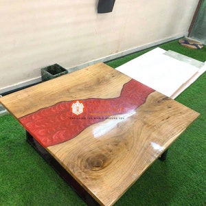 Red Epoxy Resin River Table: Square Wood C Table, Mid Century Decor