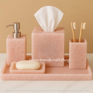 Rose Quartz Bathroom Decor Set | Pink Crystal Vanity Accessories | Luxury Spa-Inspired Self-Care Gift | Elegant Healing Stone Decor