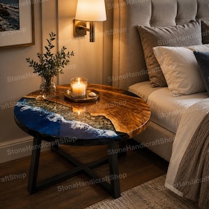 Ocean Round Epoxy Resin Coffee Table Sea Waves River Handmade Furniture for Home or Outdoor