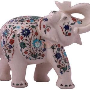 Handmade White Marble Elephant Figurine Multi Inlay Home Decor