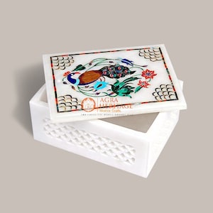 White Marble Jewelry Trinket Box Lapis Peacock Inlay Stone Pietradura art Anniversary Gift Decor 4&quot;x3&quot;x2&quot;