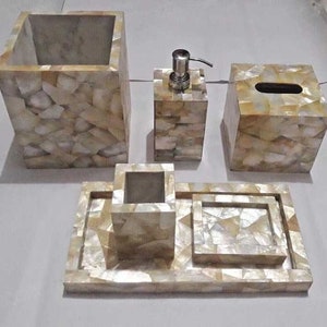 Mother of Pearl Bath Set, 6 Pcs Set, Soap Dispenser, Soap Dish, Vanity Tray, Brush Holder, Tissue Box, Trash Bin Home & Hotel Bathroom Decor