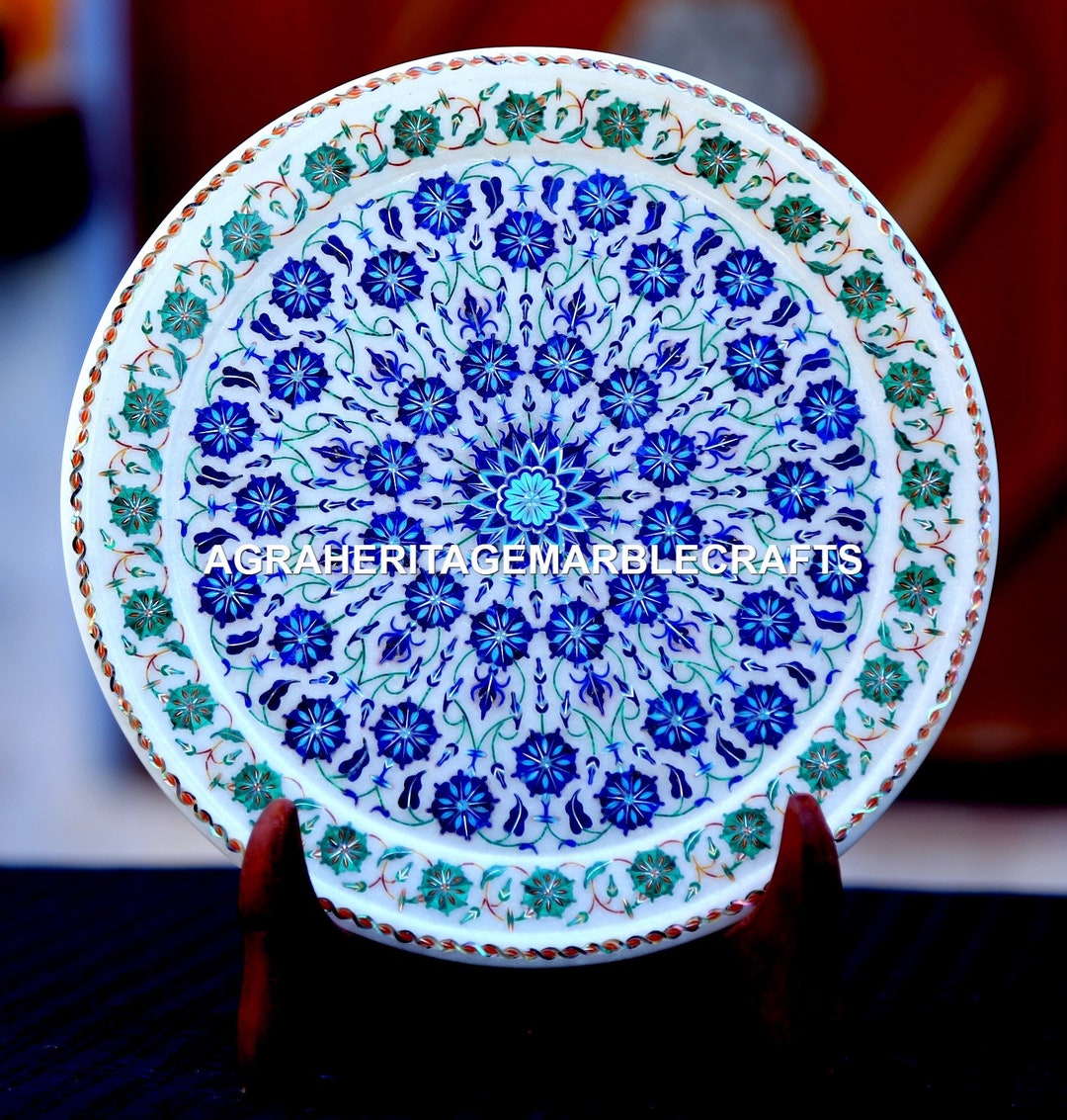 White Marble Top Serving Dining Plate, Lapis & Malachite Floral Inlay