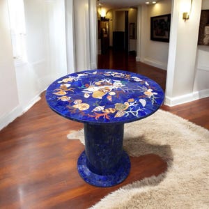 30&quot; Lapis Lazuli Stone Coffee Table with 18&quot; Inch Tall Stand Semi Precious Inlay Floral Handmade Work Hallway Furniture Housewarming Decors