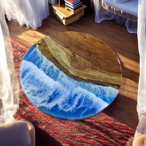 Round Ocean Epoxy Coffee Table: Acacia Wood Live Edge Handmade