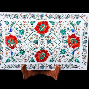 Decorative Marble Inlay Tray Carnelian Malachite Inlay Floral Multi Peacock Design Kitchen Gift