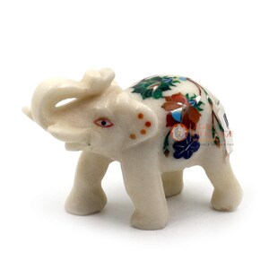 White Marble Carnelian Multi Color Stone Art Decorative Elephant Statue
