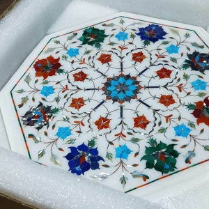 White Marble Semi Precious Stone Coffee Table Pietra Dura Inlay Handmade Work Centerpiece Marble Side Table Tops Living Room Decor