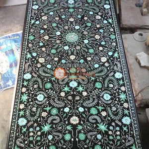 Black Marble Rectangle Center Dining Table Top, 72&quot;x48&quot; Inches Semi Precious MArquetry Floral Fine Inlay Arts Outdoor Decorative Furniture