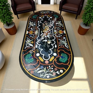 Oval Design Marble Top Dining Table Inlay Work Pietra Dura Art Handcrafted Furniture Hallway Interior & Garden Decorative