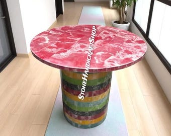 手作りのピンクオニキスコーヒーテーブル、インレイ大理石リビング