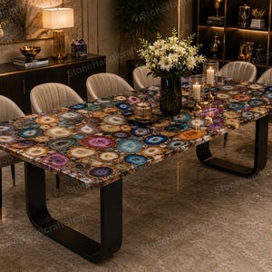 Table de salle à manger rectangulaire artisanale en pierre d'agate, îlot central en dalle de pierre précieuse naturelle, décoration de cuisine en cristal