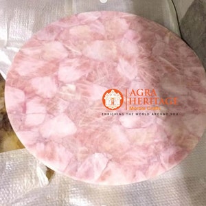 Round Rose Quartz Stone Centerpiece Coffee Table Crystal Gemstone Arts Handmade Furniture End Table Top Home Deco