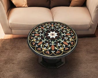 Mesa de centro de mármol negro: incrustaciones florales de pietra dura hechas a mano