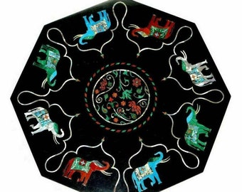 18" Black Marble Dining Table Multi Stone Elephant Design Inlay Work Octagon Table Top Patio Side Table Home Decor